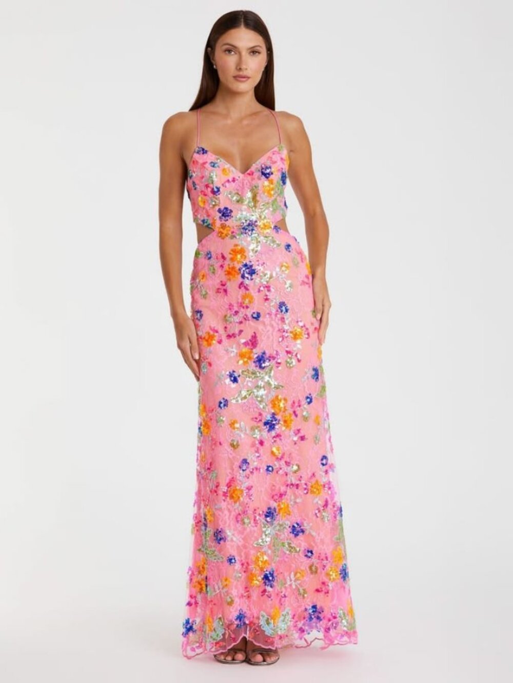 NWT Mac Duggal Pink Embellished Lace Strappy Column Gown